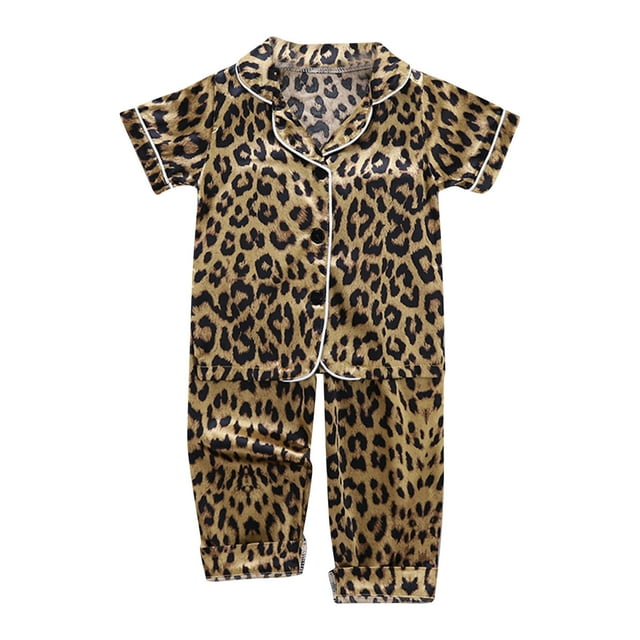 Liyamei Pyjama à Manches Courtes Imprimé Léopard pour Enfants Filles Garçons Printemps Été, Marron 5-6 Ans