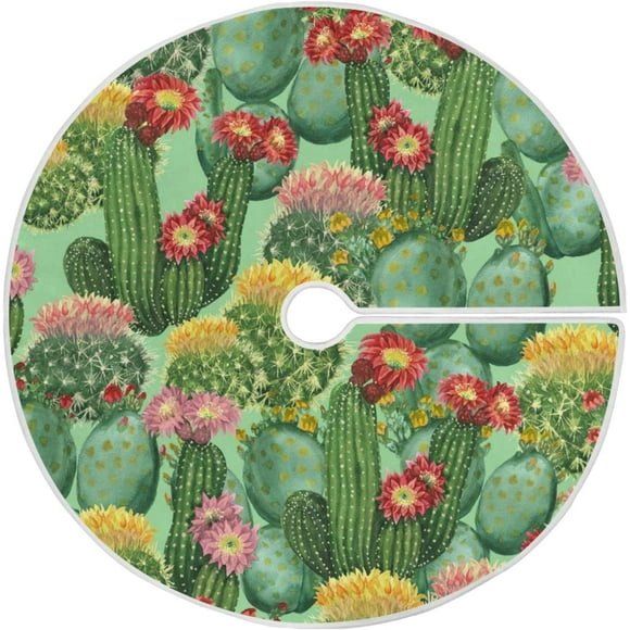 POGLIP Tropical Flower Cactus Xmas Christmas Tree Skirt Stand Mat for Holiday Party Decoration Indoor Outdoor 36 inches