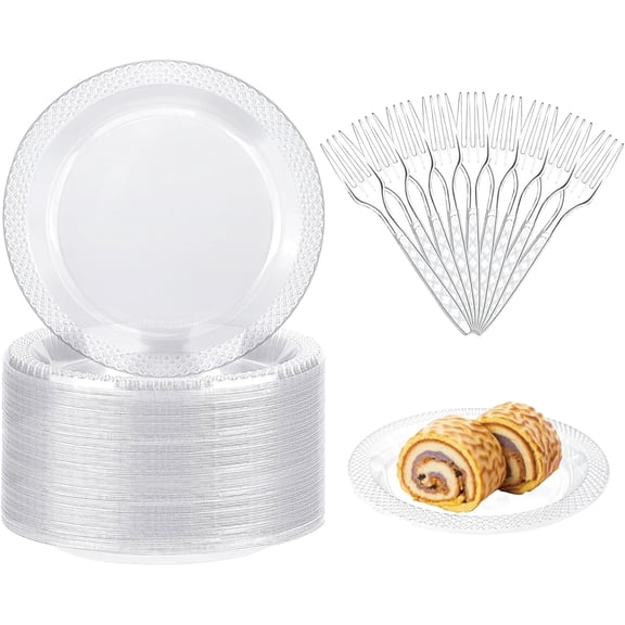 100 Pcs Clear Plastic Plates and Forks Set for Birthday Party Supplies, 6 Inch Disposable Dessert Plates Appetizer/Salad/Cake Plates for Wedding, Christmas