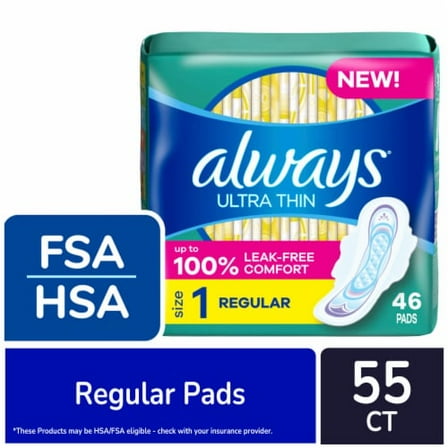 Always Ultra Thin Pads with Wings Regular Absorbency Size 1 Unscented 46 count - Pack of 2