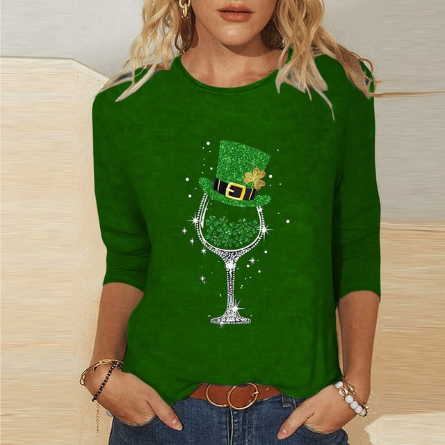 T-Shirt Ample à Manches Trois-Quarts et Col Rond Imprimé pour la Saint-Patrick pour Femmes