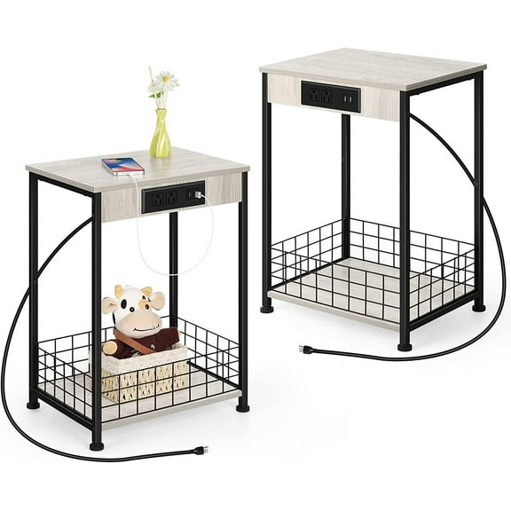 Modern Nightstand with Charging Station, Set of 2, Gray