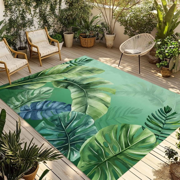Fsddascl Tropical Leaves Outdoor Rug for Patio/Deck/Porch, Non-Slip Large Area Rug 4 x 6 Ft, Country Summer Botanical Green Plants Indoor Outdoor Rugs Washable Area Rugs, Camping Rug Carpet