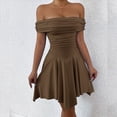 thumbnail image 4 of Vestido Corto de Cóctel con Hombros Descubiertos, Dobladillo Fruncido y Corsé Fruncido para Mujer Marrón L, 4 of 10