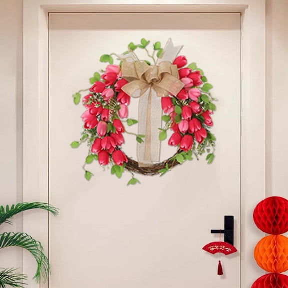 17.7 inch Heart Wreath, Artificial Wreath, Front Door Wreath Decoration, Red Mesh Simulation Flower Wreath, Romantic Home Hanging Decor for Wedding Anniversary Valentine's Day