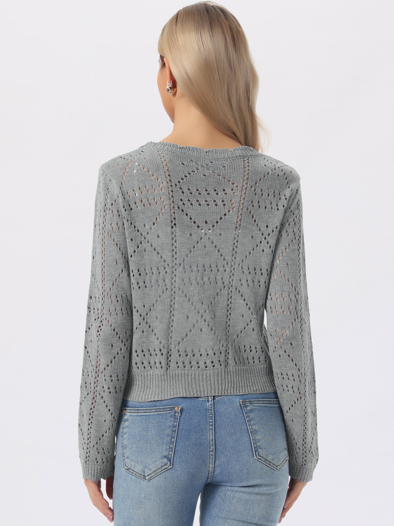 DARING DIVA Women's Long Sleeve Cropped Knit Button Up Crochet Cardigan L Gray