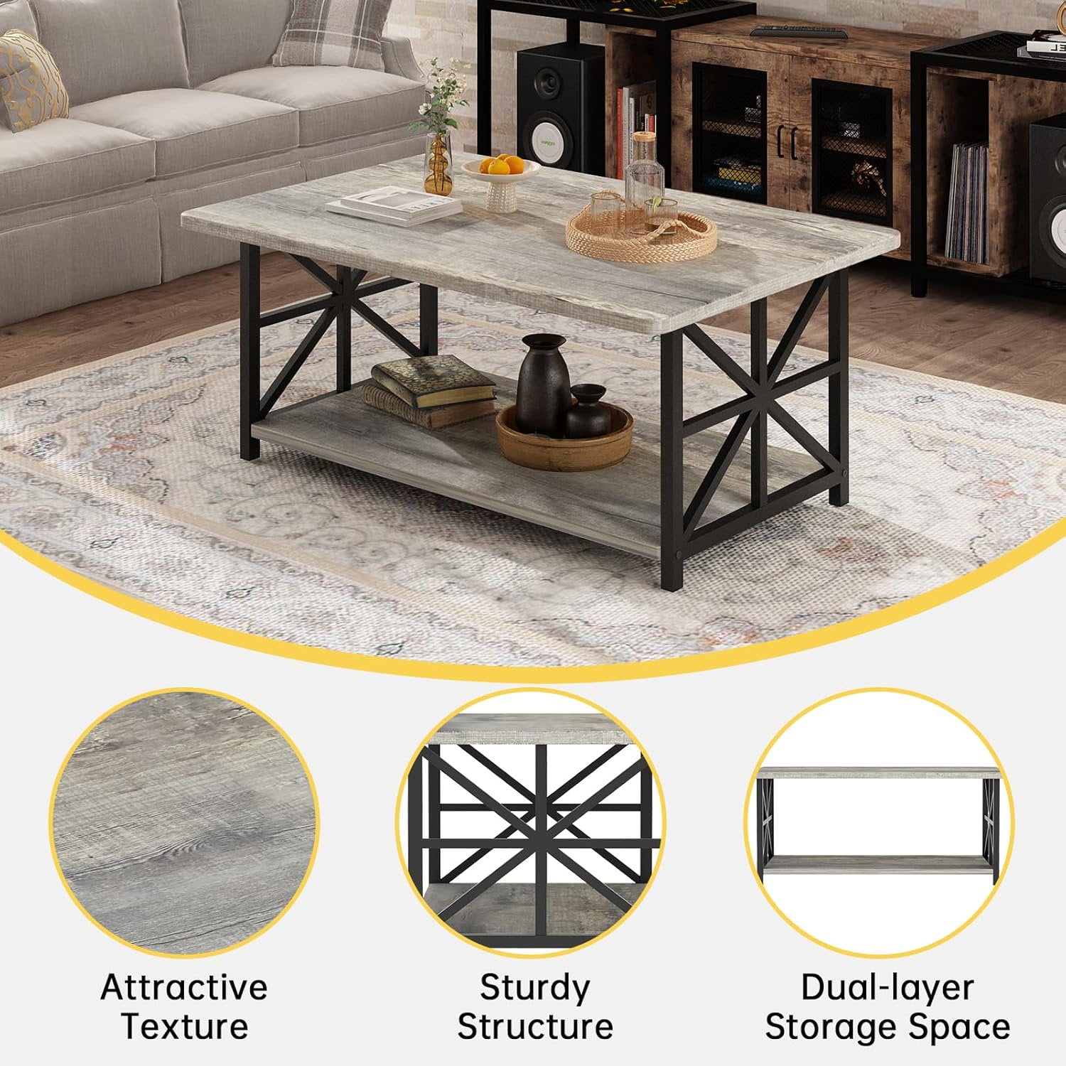 Baxluxe Gray Coffee Table for Living Room, Rectangular Wooden Coffee Table with Storage Shelves, 2-Tier Storage Center Table with Metal Base, Tea Table for Small Space, Apartment, Office