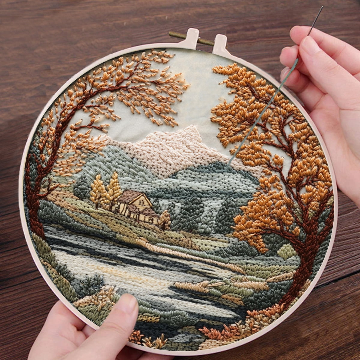 NEONWE 4 Set Embroidery Kit for Adult Beginner, with Landscape Tree Mountain Floral Nature Scenery Patterns Kits Boho Rustic Arts & Crafts Set, with Hoop, Colored Threads, Needles, and Instructions