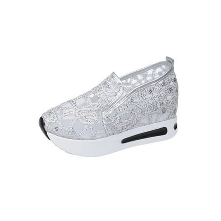 

Daeful Women Casual Shoes Slip On Wedge Loafer Mesh Platform Loafers Street Non-Slip Comfort Breathable Moccasins Silver 8