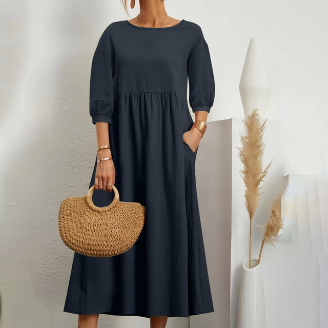 Vente de Liquidation! Robes Décontractées pour Femmes, Mode d'Été Ample à Manches Longues Col Rond Couleur Unie Robe Longueur Cheville Marine G
