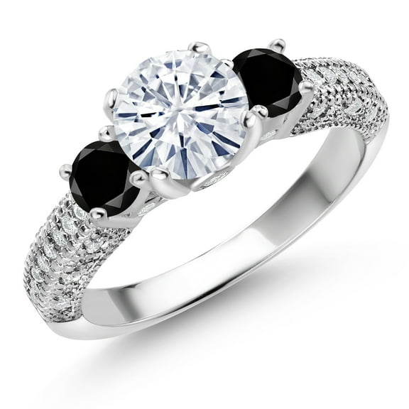 Gem Stone King 925 Sterling Silver White Moissanite and Black Diamond Engagement Ring for Women (1.82 Cttw, Gemstone, Round 7MM and 4MM, Size 9)