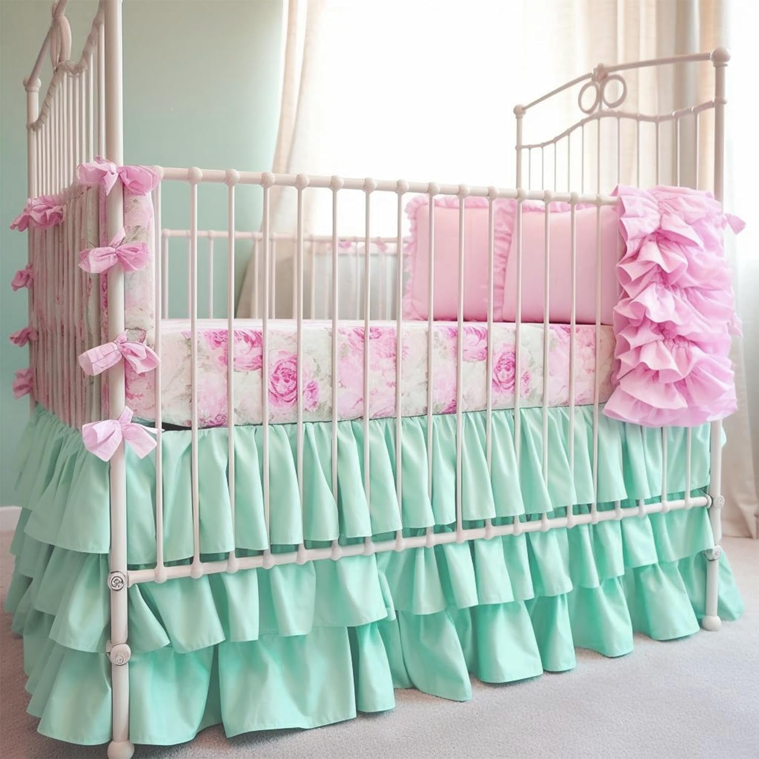 CATPAN Mini Crib Bed Skirt : 18" Drop Ruffles Crib Skirt Girl,3-Layer Crib Skirt for Nursery Decor,Mini Crib Skirt Easy to Change and Clean,Soft and Comfortable,28" W,52" L(Green)