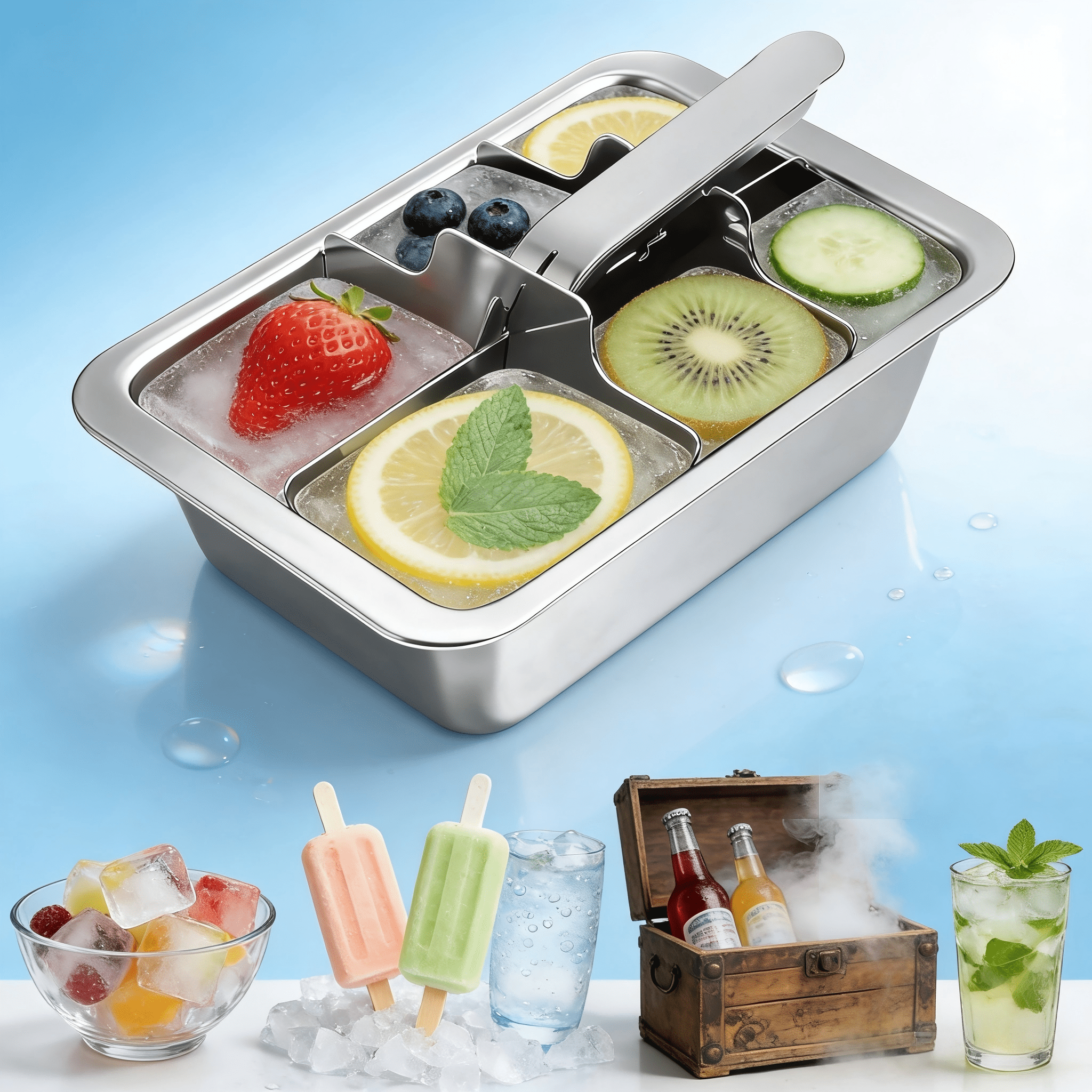 Stainless Steel Large Ice Cube Tray 6 Cube, Lever Type Easy Demold, Dishwasher Safe Kitchen Bar Accessory