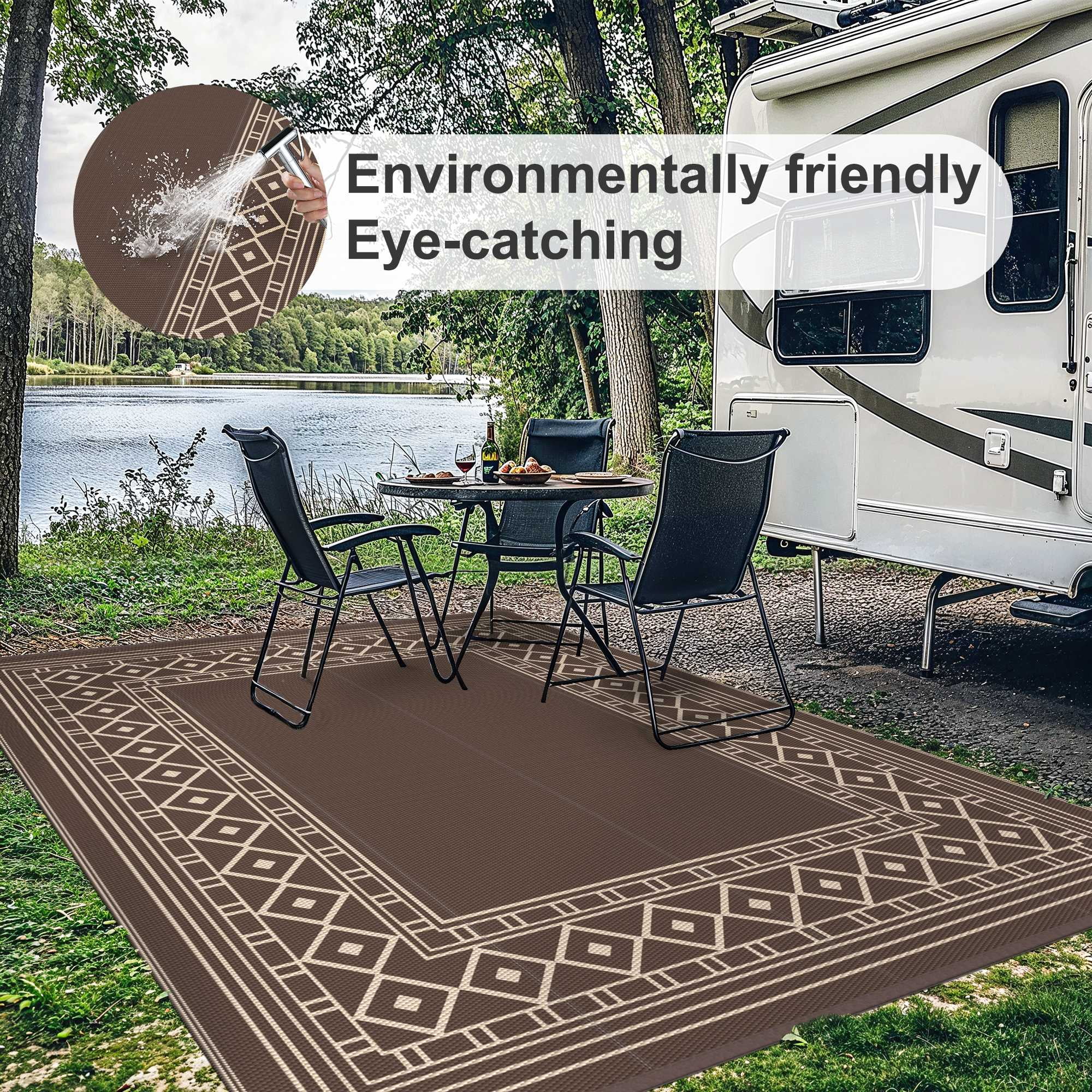 DEORAB 6'x9' Outdoor Rugs Waterproof Patio Reversible Plastic Carpet Camping Outside Mat,Coffee & Brown
