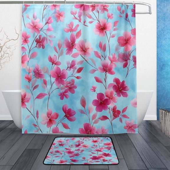TTYFWHD 60" x 72" Shower Curtain and Bath Mat Set Cute Pink Delicate Flowers Waterproof Bathroom Curtain with 12 Hooks, Bathroom Decor Set
