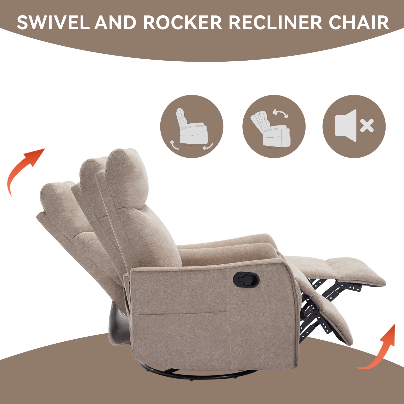 Holaki Manual Swivel Rocker Recliner Chair, 360° Swivel Recliner with Massage and Heat, Chenille Rocker Recliner Nursery Glider Chair with Side Pockets, Lumbar Support for Living Room, Khaki