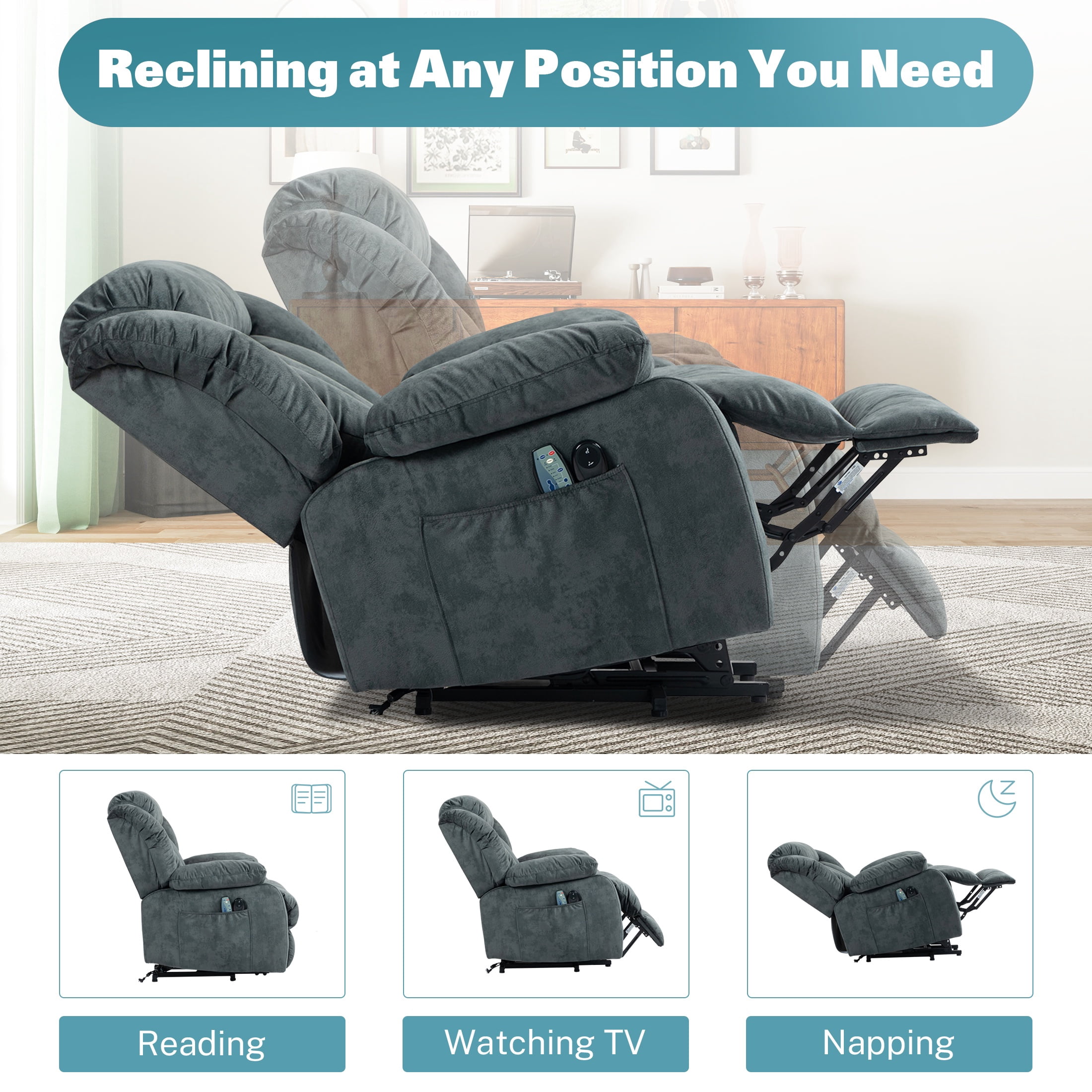 Power Lift Recliner Chair with Massage and Heat Therapy, Heavy Duty Electric Recliner for Elderly with Side Pockets, for Living Room, Bedroom, Home Theater, Grayish Blue