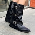 thumbnail image 4 of Women Slouchy Mid Calf Boots Casual Pointed Toe Pull On Boots Fold Over Metal Buckle Comfortable Boots Low Heeled Fall Winter Fashion Boots, 4 of 9