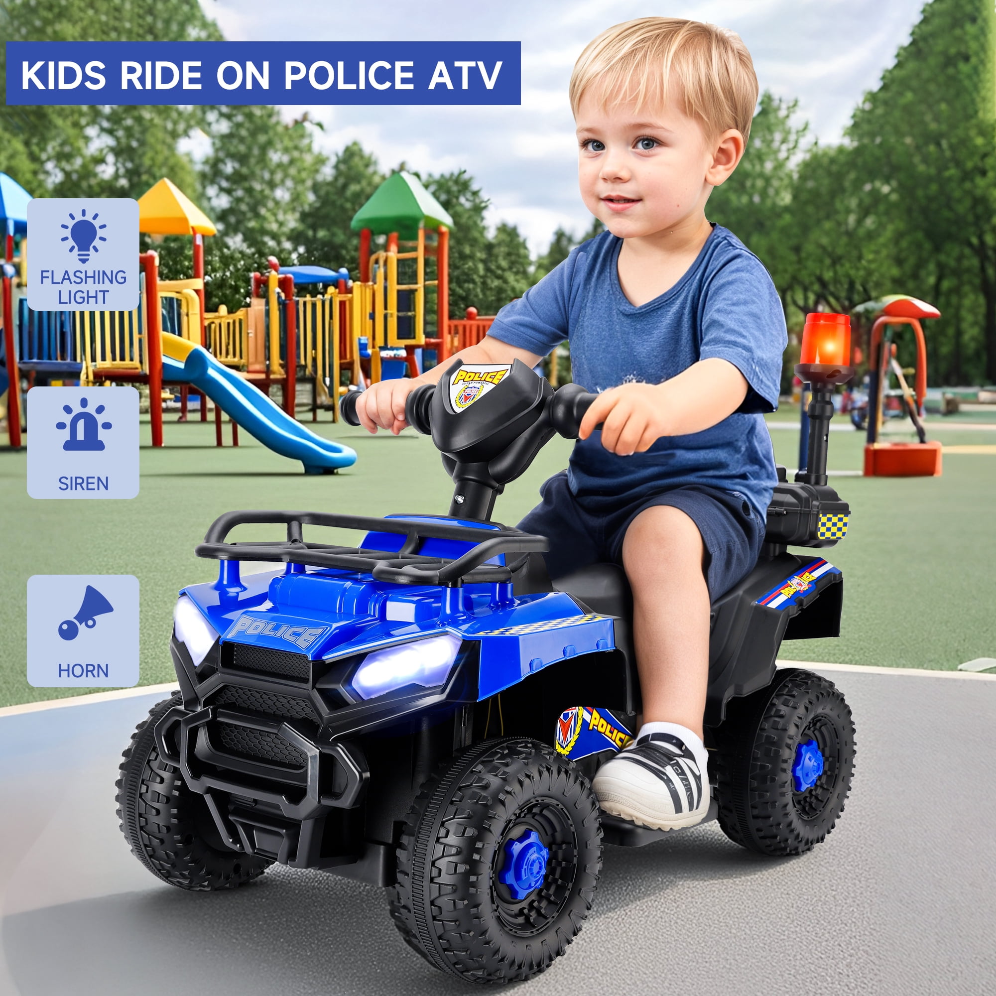 Bruce&Shark Police Car Ride on, Electric ATV Four Wheeler for Kids, Powered Ride on ATV Toys, Cop Cars with Siren, Flashing Lights, Blue