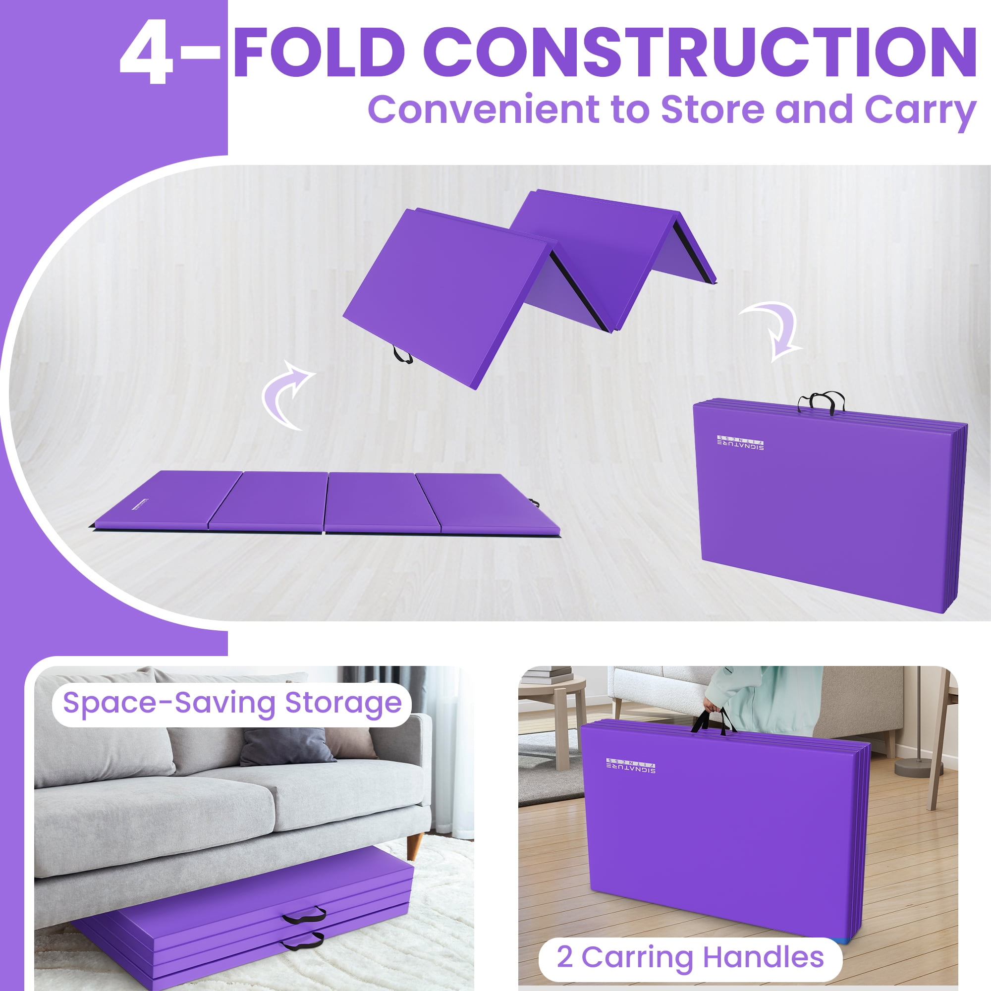 BalanceFrom Folding Exercise Mat, 10ft x 4ft Four Fold Exercise Mat with Carrying Handles for Yoga, MMA, Gymnastics and Home Gym Protective Flooring, 2-inch Thick, Purple
