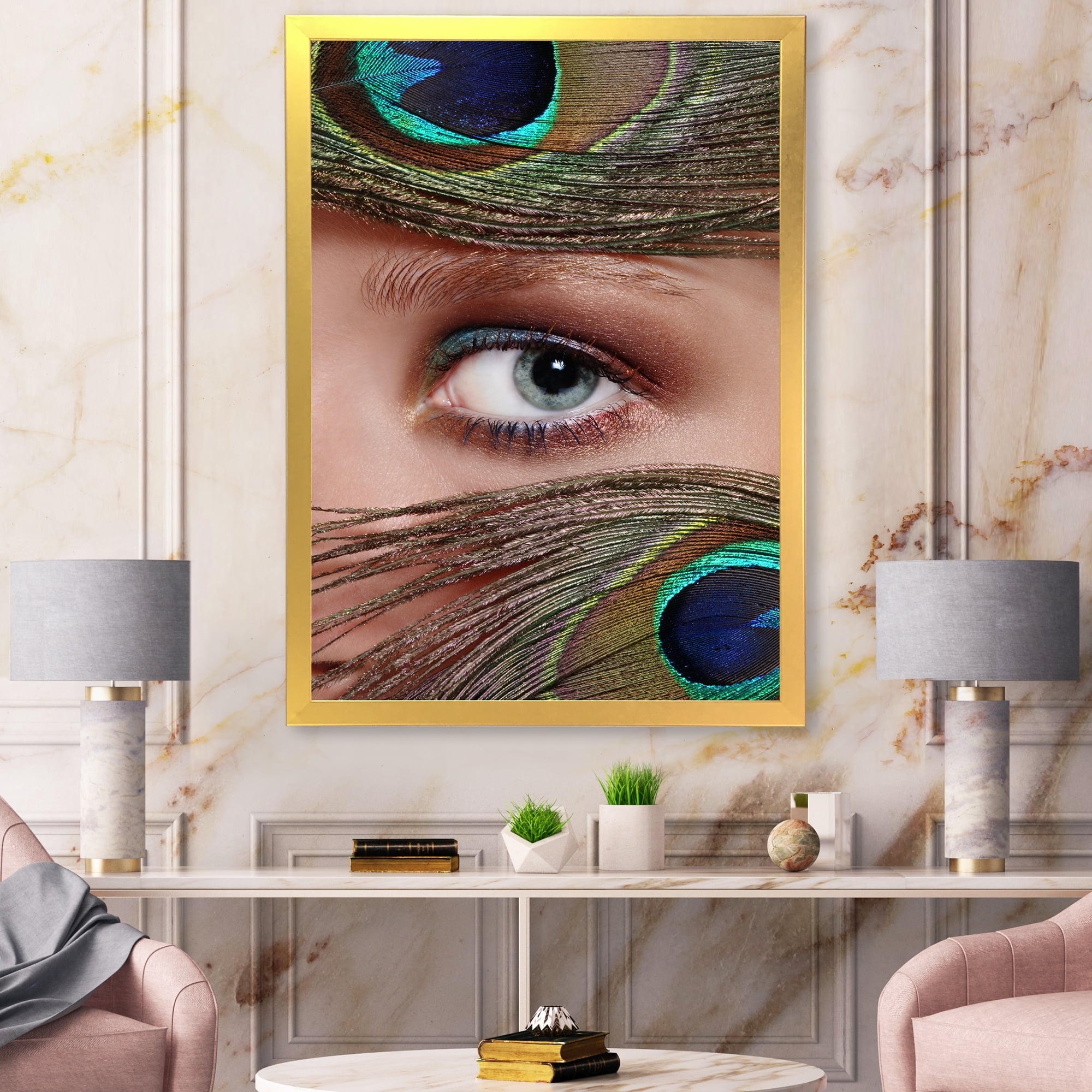 Designart 'Peacock Feathers and Eye' Bohemian & Eclectic Framed Art Print