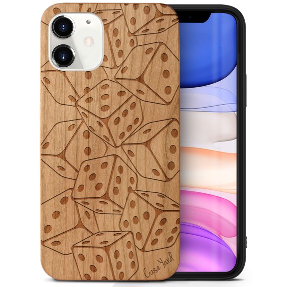 Case Yard Wooden Case Outside Soft TPU Silicone, Slim Fit Shockproof Wood Protective Phone Cover for Girls Boys Men and Women, Supports Wireless Charging Dices Falling Design case for iPhone-11