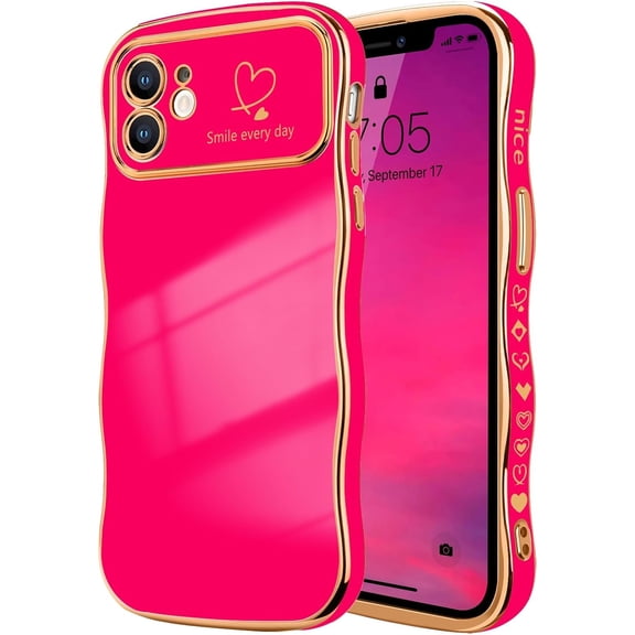 MYKOMI for iPhone 12 Case for Women Girls, Cute Wave Frame Curly Shape with Love Heart Pattern Raised Camera Protection Cover Luxury Plating Shockproof Phone Case for iPhone 12