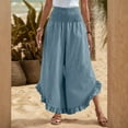 thumbnail image 6 of Linen Pants Women Summer Wide Leg Smocked Waist Ruffle Hem Palazzo Pants Boho Flowy Beach Vacation Pant with Pockets Light Blue L, 6 of 9