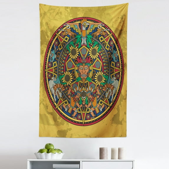 Tribal Tapestry, Chaotic Design Image with Symbolic Items in Medallion Shape Ornate Print, Fabric Wall Hanging Decor for Bedroom Living Room Dorm, 5 Sizes, Multicolor, by Ambesonne