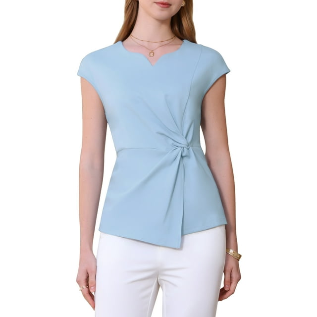 INSPIRAR CHIC Blusa Peplum Elegante para Mujeres con Escote Corazón y Mangas Cortas para Trabajo Oficina XL Azul Claro