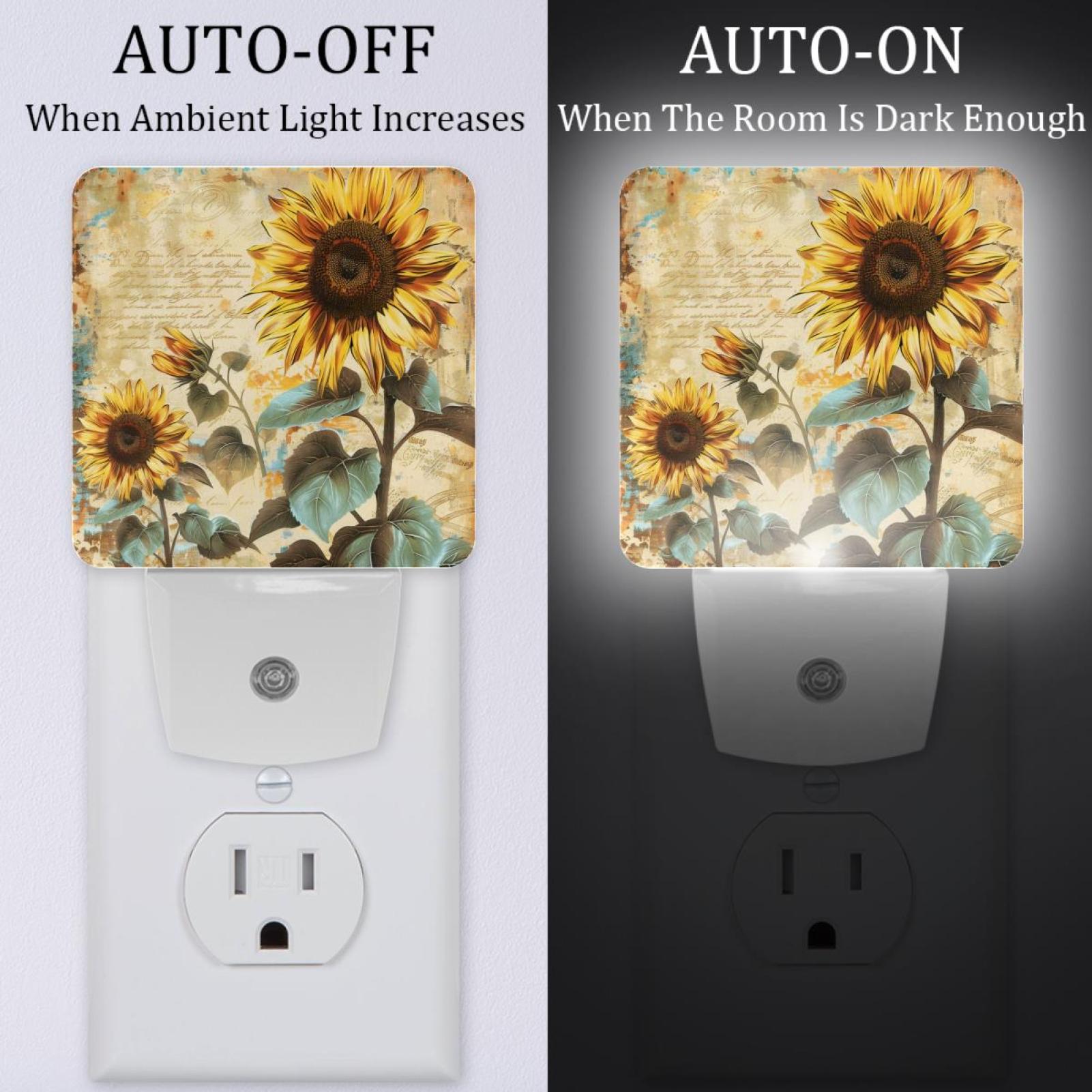 PhooArto Vintage Sunflowers Letters Plug in LED Night Light Auto Sensor Dusk to Dawn Decorative Night for Bedroom, Bathroom, Kitchen, Hallway, Stairs, Baby's Room, Energy Saving