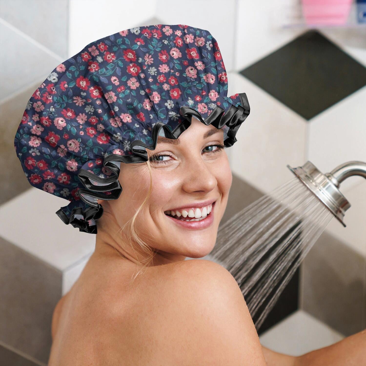 Shower Caps,Pioneer Flower Floral Print Pattern Waterproof Shower Cap for Women 4 Pieces,Double Reusable Hair Cover for Shower PEVA Elastic Stretch Hem