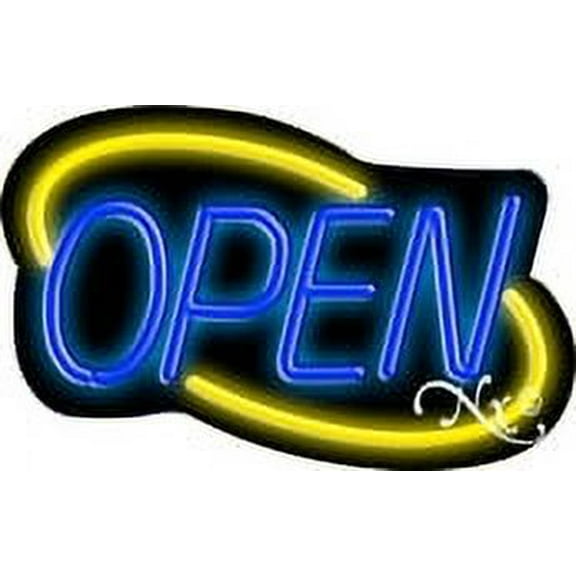 Deco Style Blue Open With Yellow Border LED Neon Sign 14" Tall x 22" Wide, Black Square Cut Acrylic Backing, with Dimmer - Bright and Premium built indoor LED Neon Sign for storefront.
