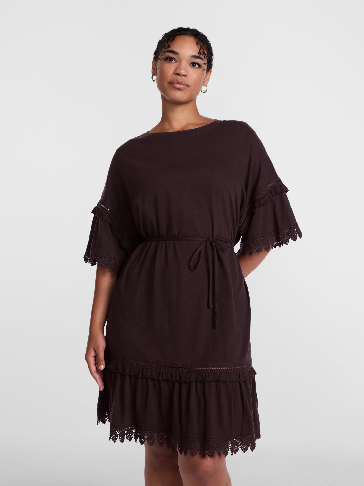 Scenario Women's Lace Trim Knit Dress with Short Sleeves, Sizes XS-XXXL