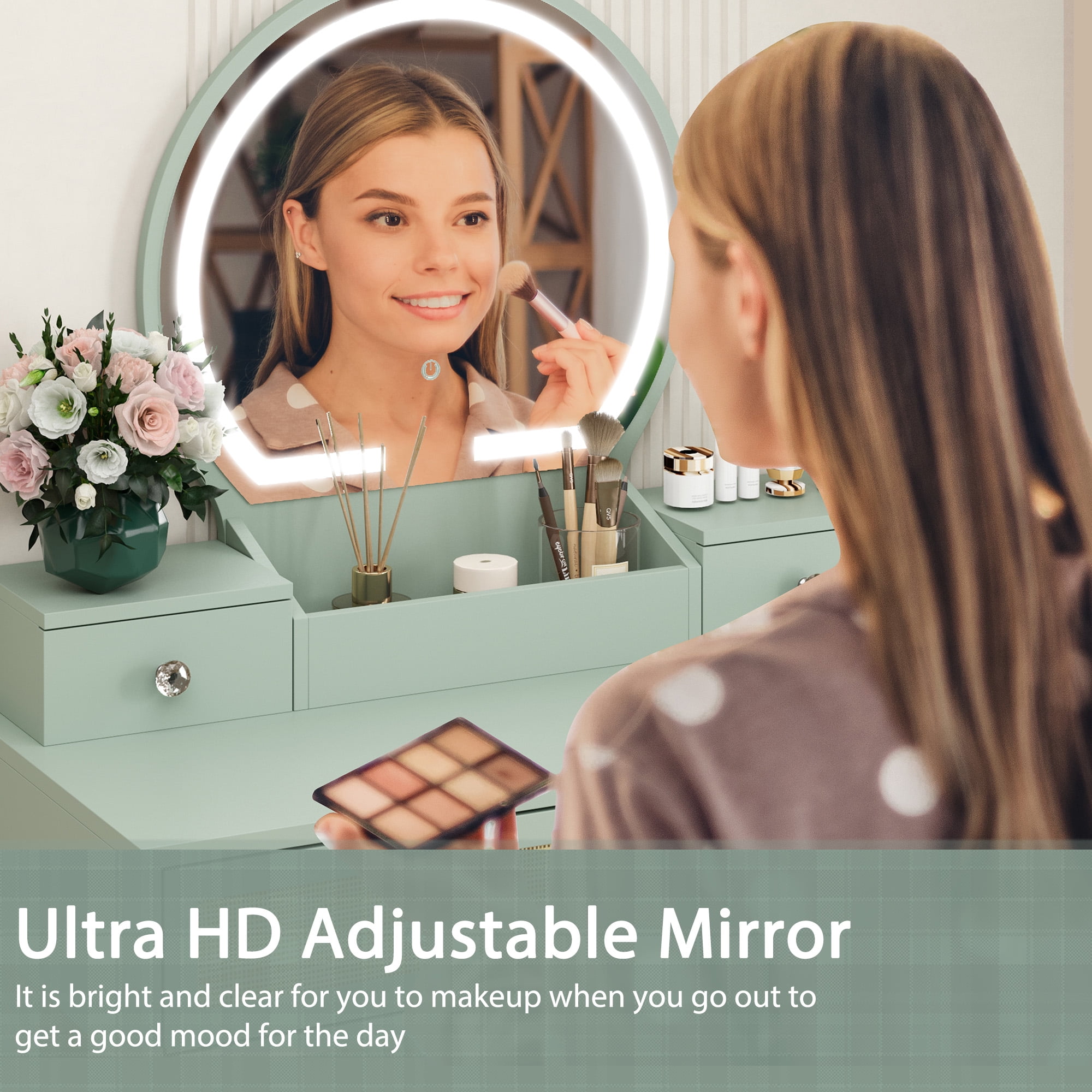 Brafabhome Vintage Boho Vanity Table Set with Adjustable Lighted Mirror and Stool, Modern Dressing Table Set with Drawers and Storage Shelves for Makeup Room Bedroom | Green