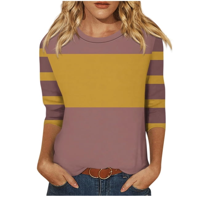 cfhntfmh Hauts pour Femmes 2024 Automne Tendance à Blocs de Couleur Blouses à Col Rond Décontractées Manches 3/4 Tuniques Amples