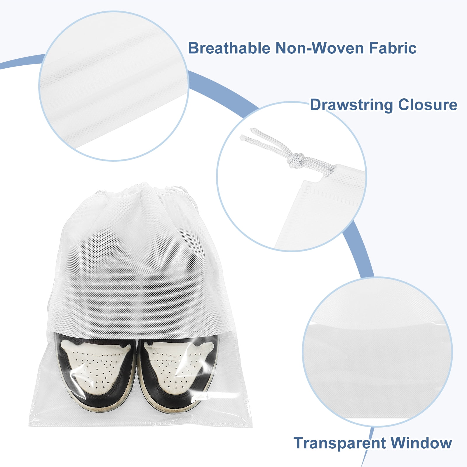 Uxcell Shoe Bags for Travel, 10Pcs 16" - Nonwoven Fabric Travel Shoe Bag, Drawstring Clothes Storage Bag with Transparent Window, Travel Accessories for Men and Women Packing (White)