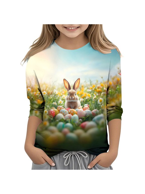 Happy Easter Day Shirt for Kid 3D Graphic T Shirts Cute Easter Eggs & Bunny Rabbit Prints Tops 3/4 Sleeve Crewneck Blouses Spring Fall Outfits for Girl Multicolor 4 Years