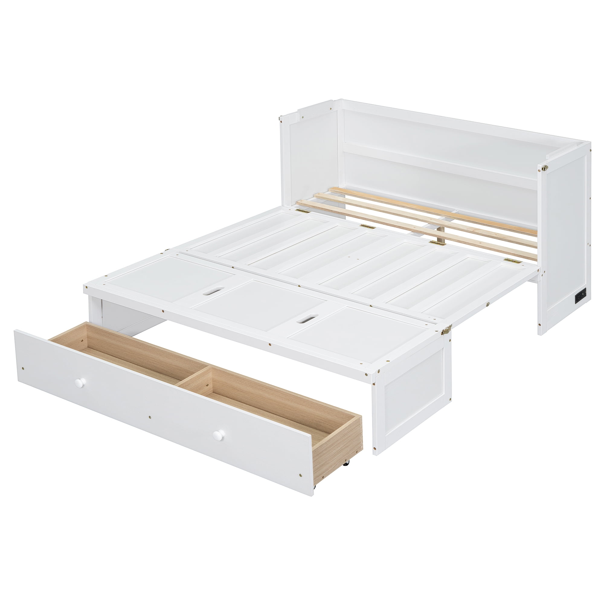 Mintazer Full Murphy Bed with Storage Drawer & Charging Station, Modern Foldable Cabinet Bed for Bedroom Apartment Guest Room, White