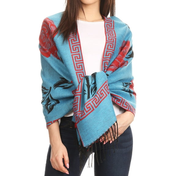 Sakkas Soffia Damask Rose Super Soft and Warm Pashmina Scarf Shawl Vegan Work - Turq/red - One Size Regular