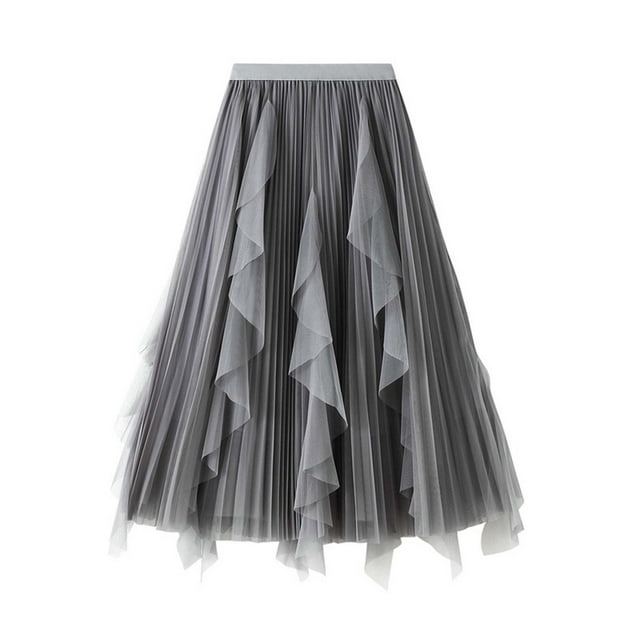 Jupe en Maille à Volants Taille Haute pour Femmes - Mi-Longue Plissée, Extensible pour Printemps/été