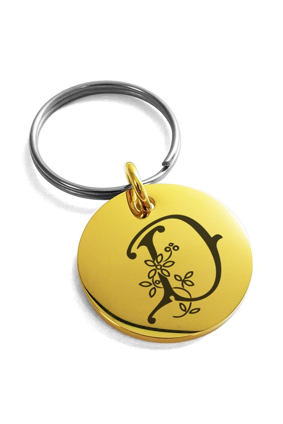 Stainless Steel Letter D Initial Floral Monogram Engraved Small Medallion Circle Charm Keychain Keyring