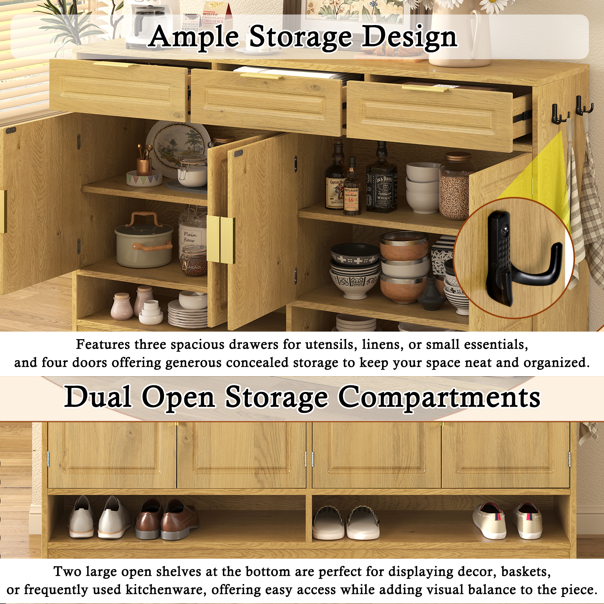 Aukfa 59.1" Sideboard Buffet Cabinet,Large Storage Cabinet with 3 Drawers & Adjustable Shelf,Natural