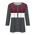 thumbnail image 4 of Jinhomg 3/4 Sleeve Button Down Shirt for Women Trendy Color Block Crew Neck Tees Casual Loose Holiday Wear Wine S, 4 of 6