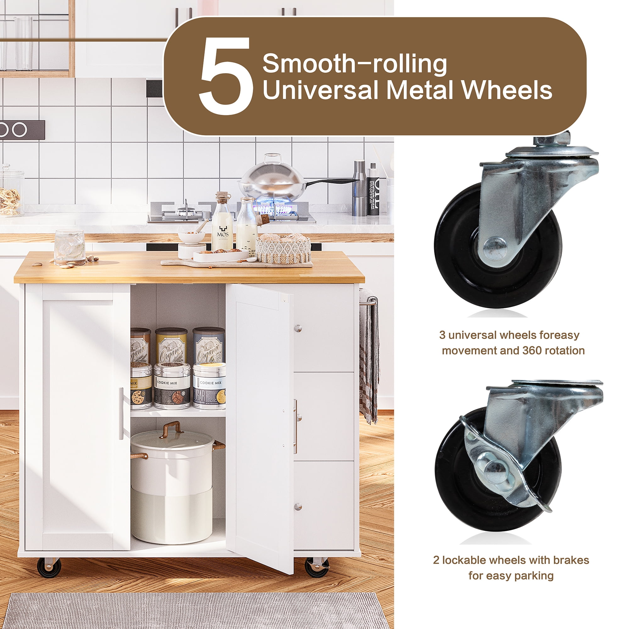 Walsunny 40" Kitchen Islands Carts with Storage Drop Leaf Countertop on Wheels Rolling Microwave Utility Carts with 3 Drawers 1 Storage Cabinets,White