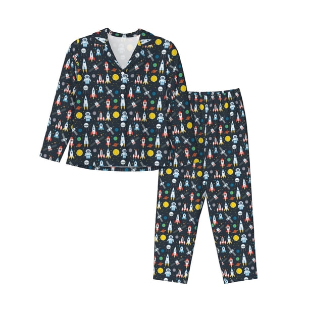 Balery Rocket Space Conjunto de Pijama con Estampado para Mujer, Conjunto de Dos Piezas con Manga Larga, Ropa de Dormir Suave con Bolsillos, Pijamas Cómodos-XX-Large