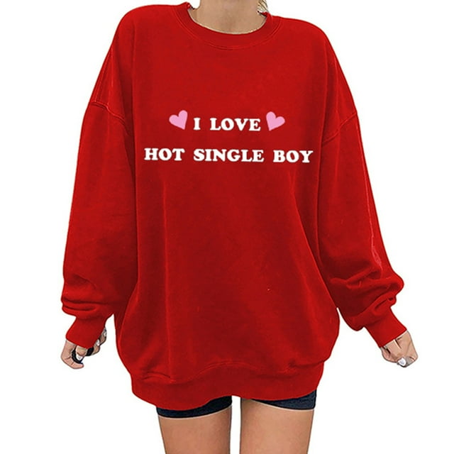 Gibobby Sudaderas con cremallera Moda de mujer Ocio Palabras de amor Amor Impresión Cuello redondo Manga larga Suelta Top Suéter sin sombrero 6 (Rojo, XXL)