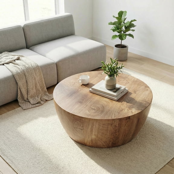 CasaGlajore Round Drum Coffee Table In Natural Finish, Round Coffee Table Made Of High-Quality MDF, Fully Assembled Living Room Table