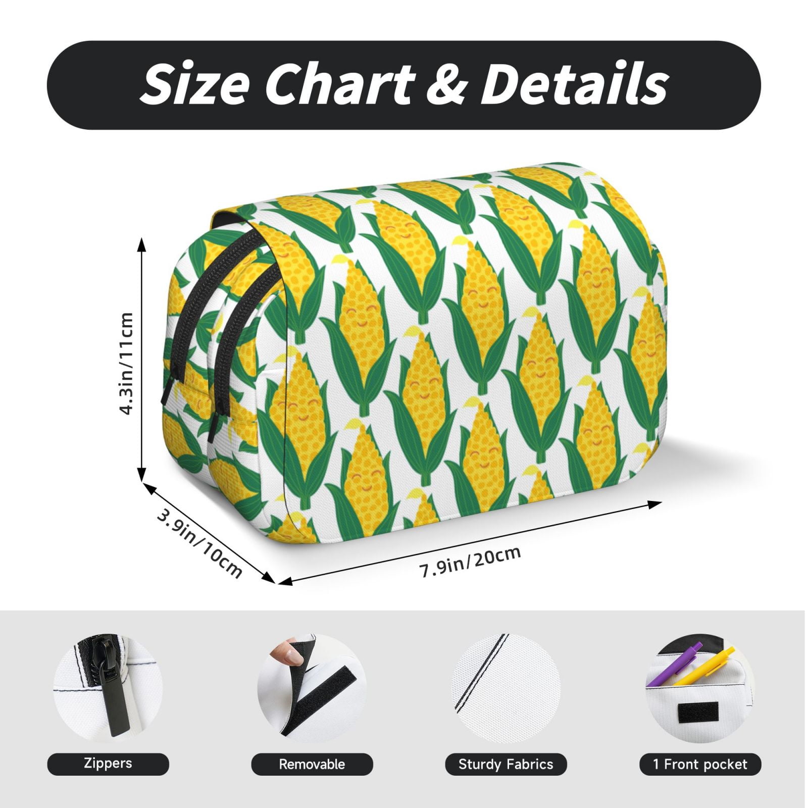 Rateoe Corn Cob Pattern Double Clamshell Pen Case, Storage Organizer with Two Zipper Compartments– Holds Up to 50 Pencils & Pens