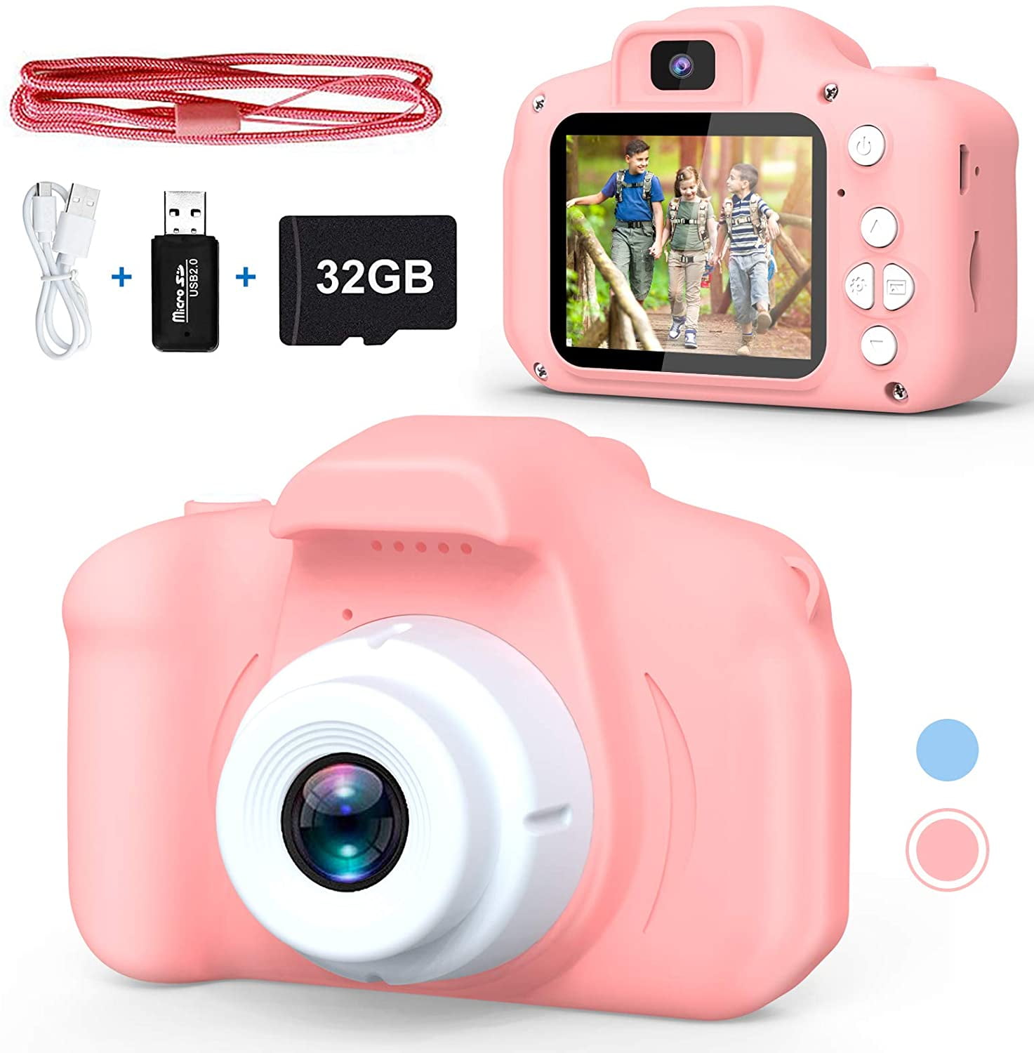 Kids Camera Girls Child Digital Camera with HD Dual Lens 2.0 Inch IPS Color Screen MP3 Player Children Cute Mini Toy Camcorder with 32GB SD Card,for 2-14 Years Kids Birthday Traveling Gift 